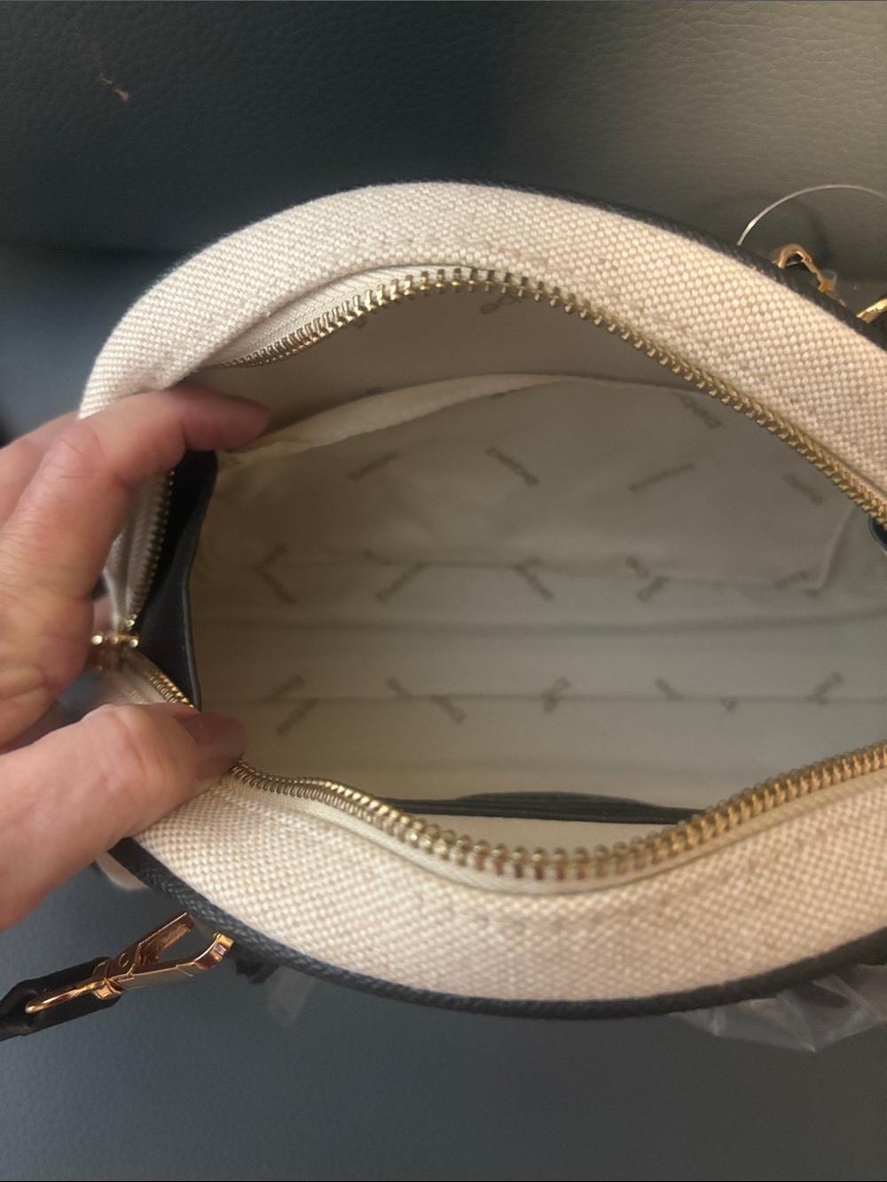 bebe Black & White Striped Dome Crossbody with Gold Hardware with accents - Picture 4 of 8